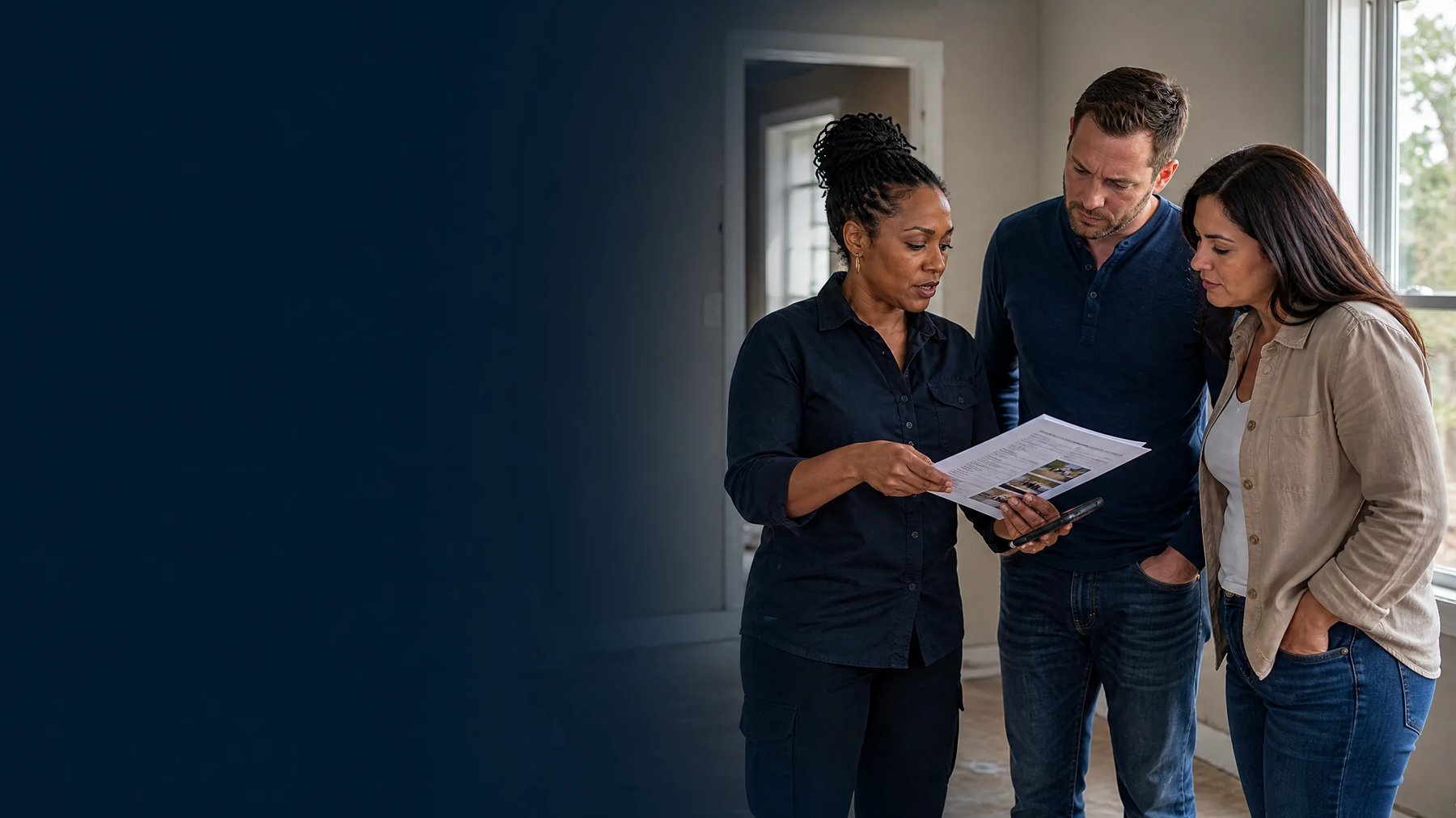 A Black woman realtor reviewing documents with clients in a home